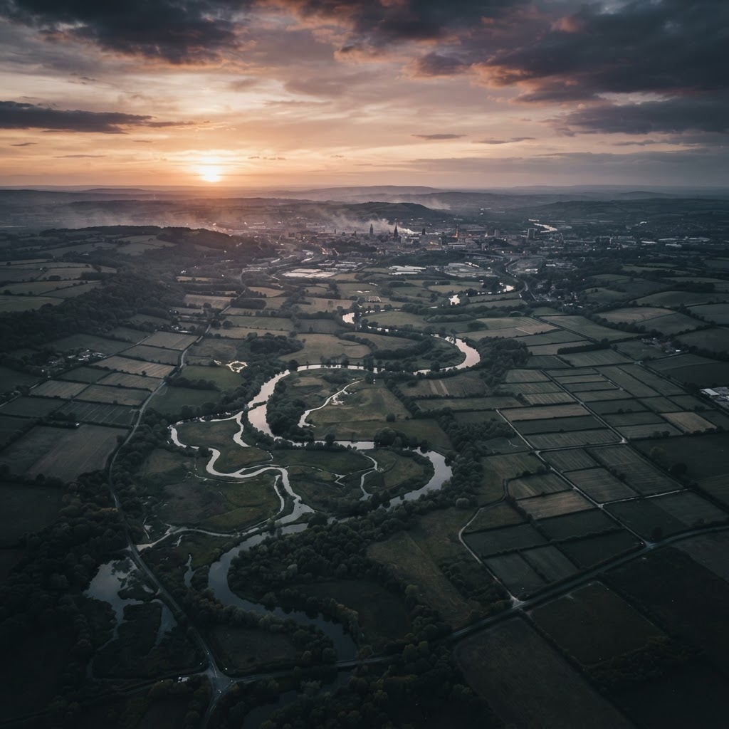 Cinematic aerial drone view over a Northwest Ohio landscape at dusk